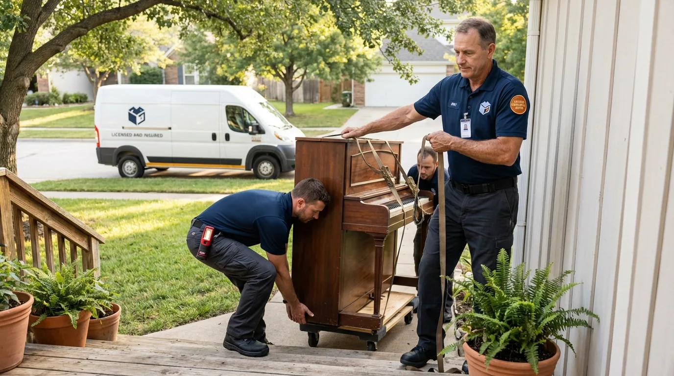 Licensed piano movers securing grand piano in East Dennis, MA