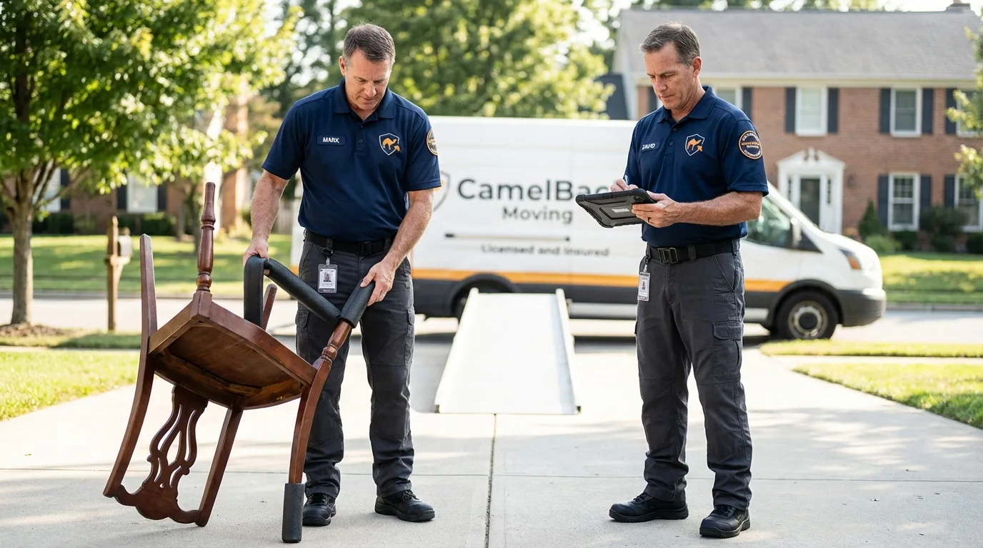 Movers inspecting furniture for damage prevention before loading in East Dennis, MA