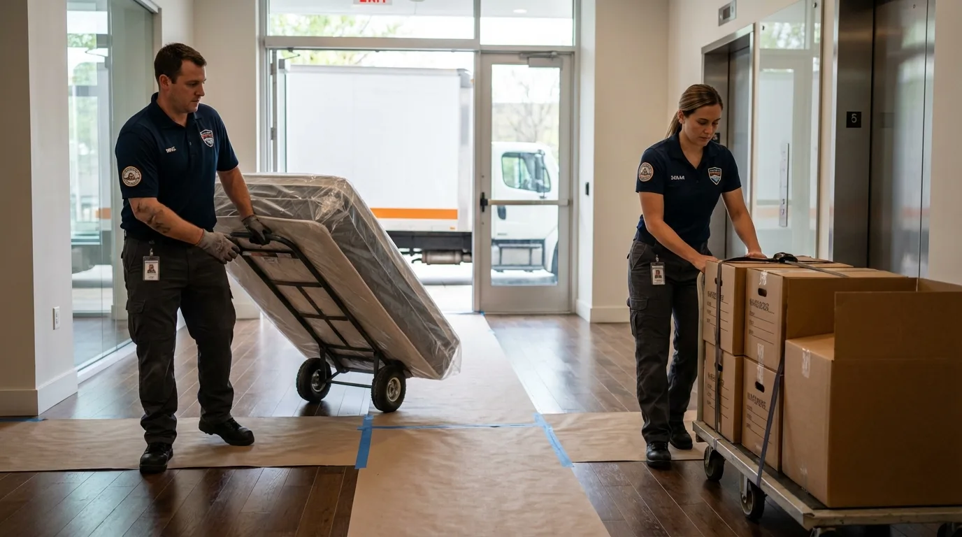 Professional apartment movers loading elevator in East Dennis, MA