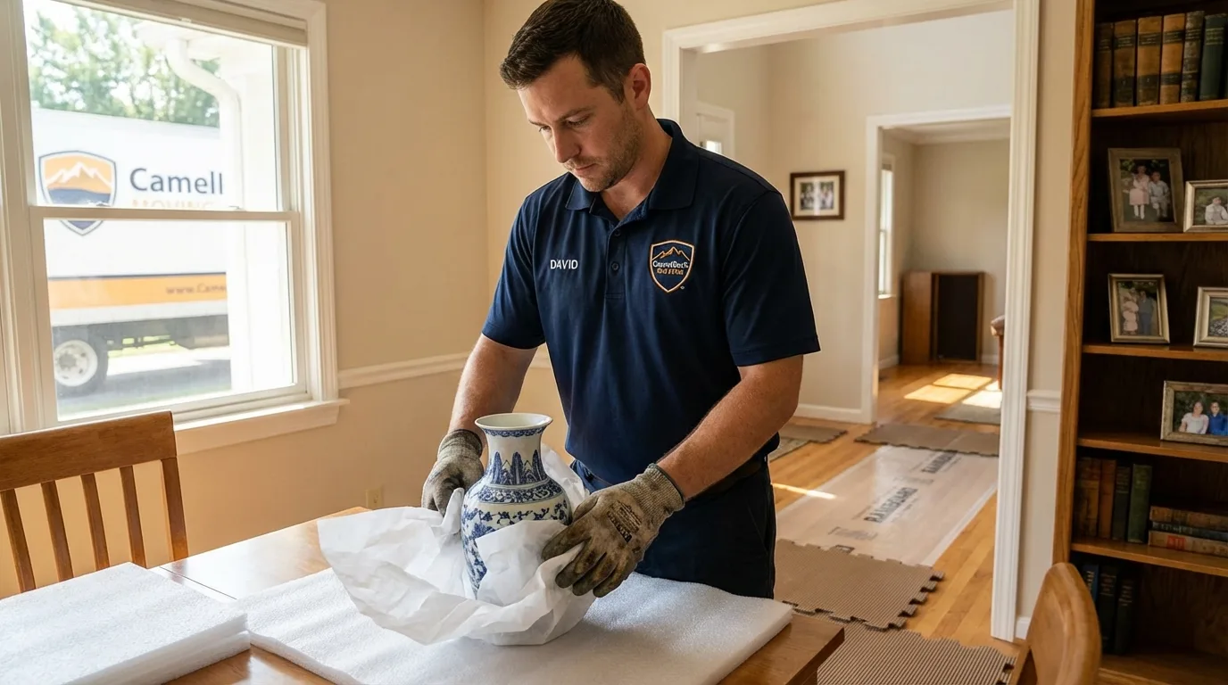 Professional crew carefully wrapping antique vase for senior downsizing move in East Dennis, MA
